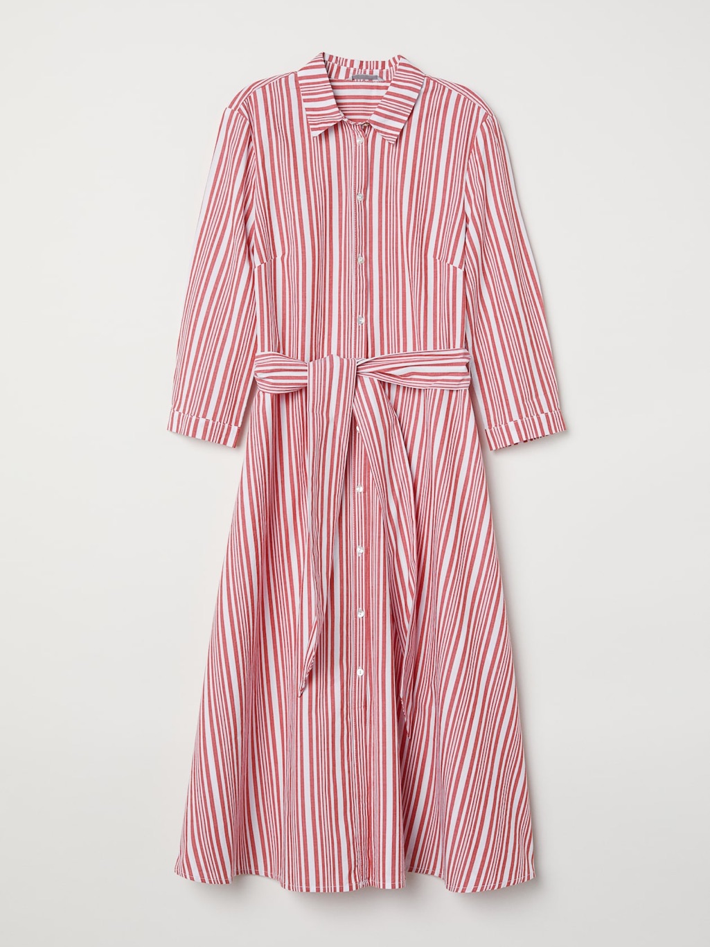H&M Red And White Striped Midi Shirt Dress With Waist Tie